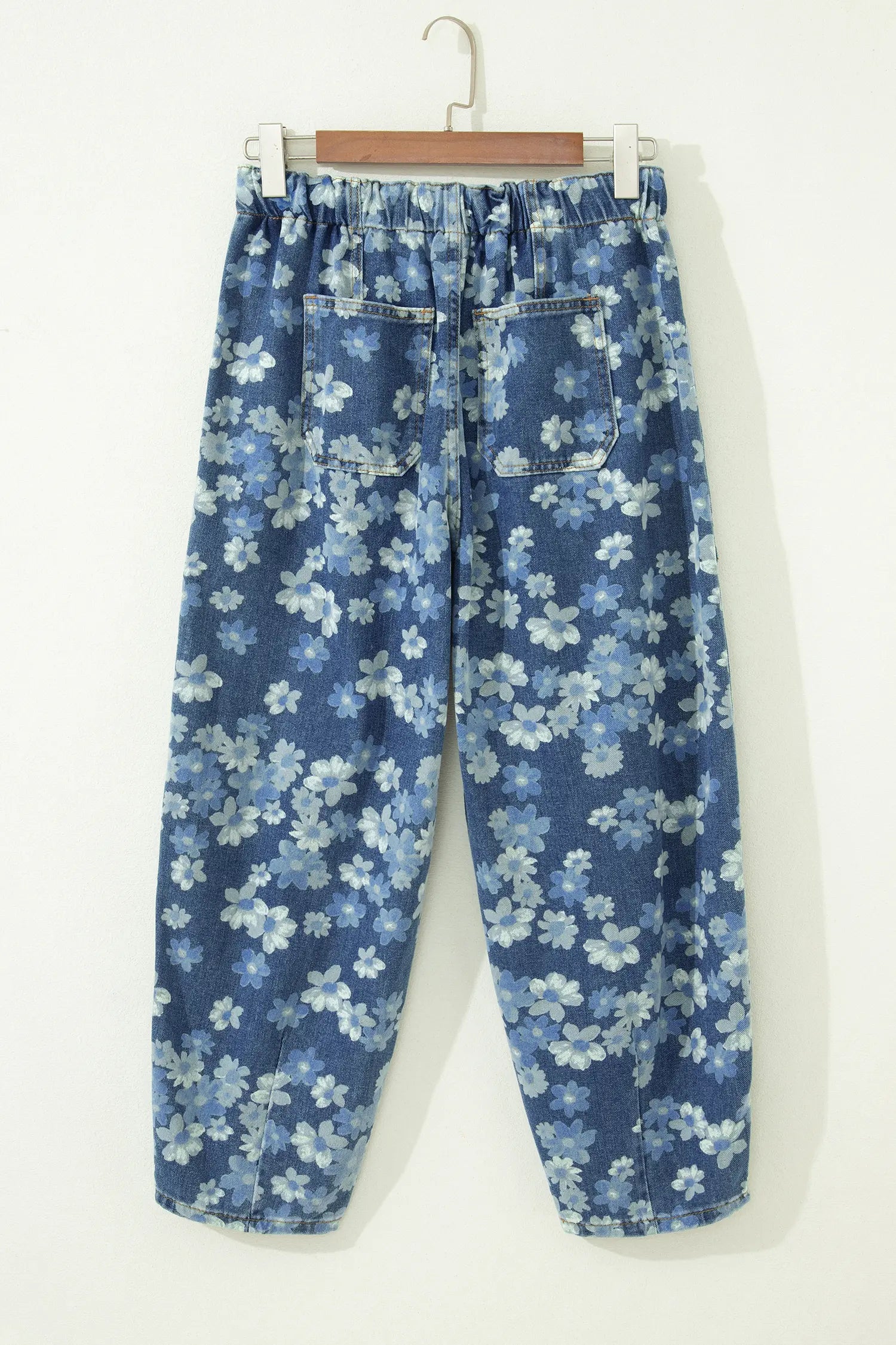 Sky Blue Dainty Floral Printed Drawstring Barrel Jeans