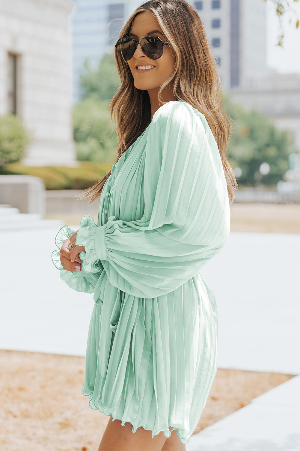 Pink Pleated Ruffled Tie Waist Buttons V Neck Romper eAura