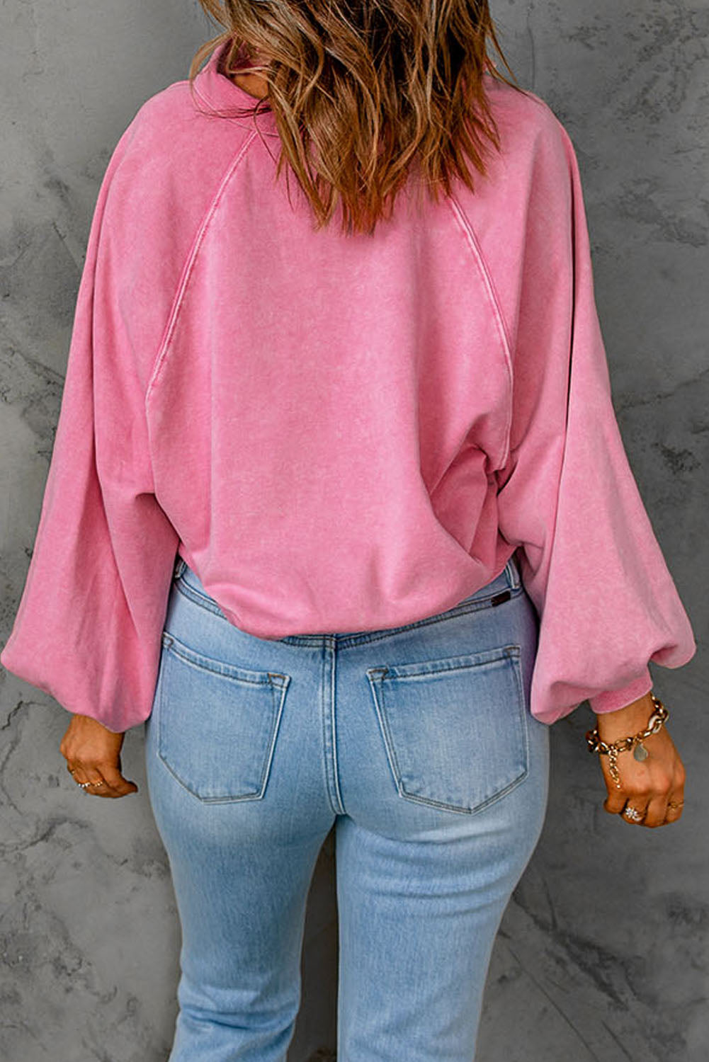 Grey Washed Snap Buttons Lantern Sleeve Pullover Sweatshirt eAura