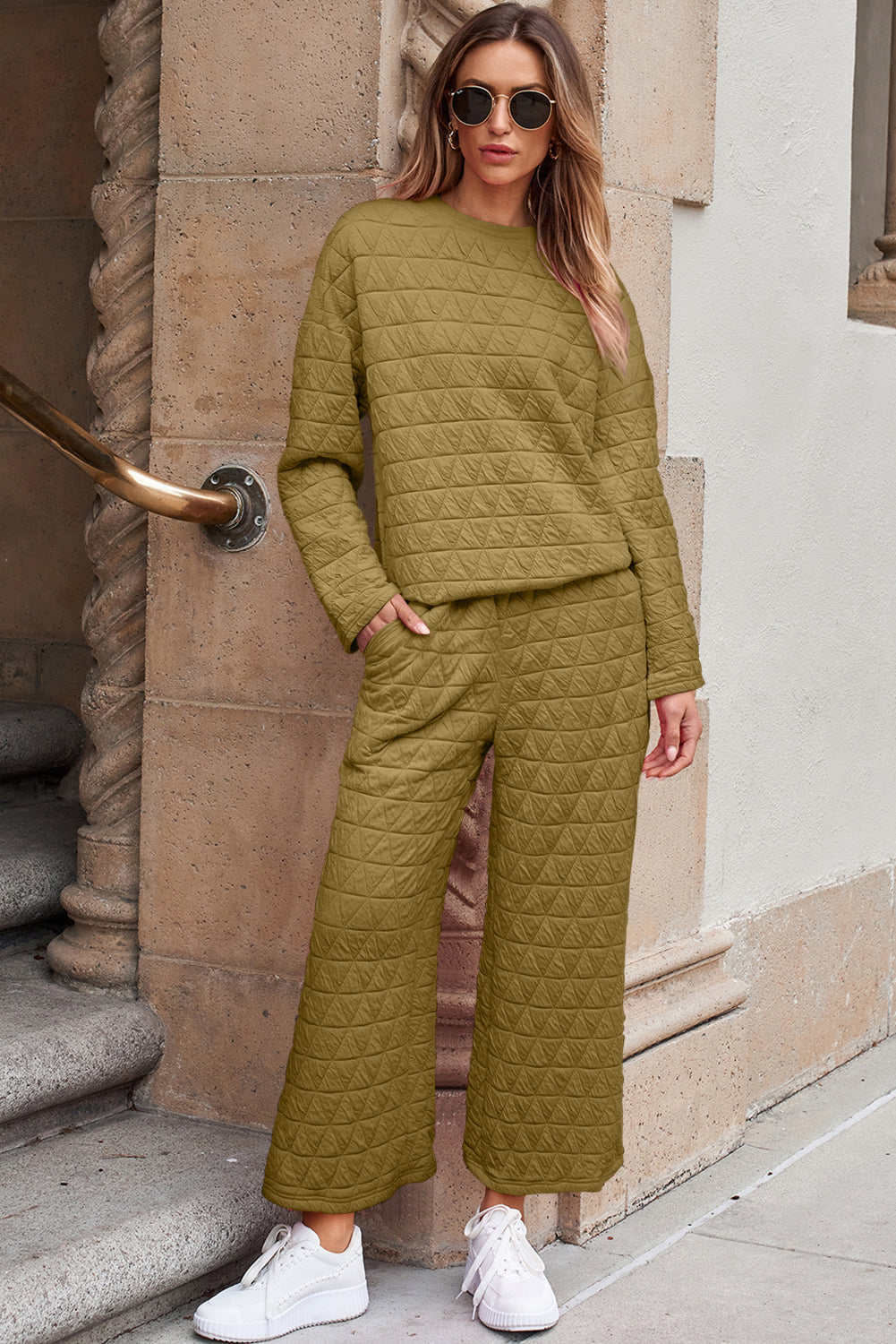 Dark Grey Solid Quilted Pullover and Trousers Outfit eAura