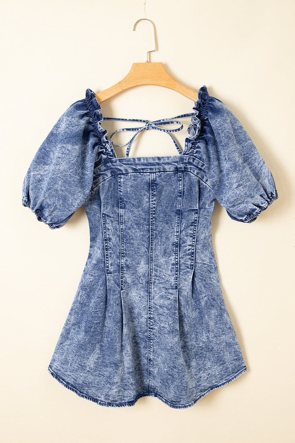 Blue Frilly Square Neck Bustier Puff Sleeve Short Denim Dress eAura