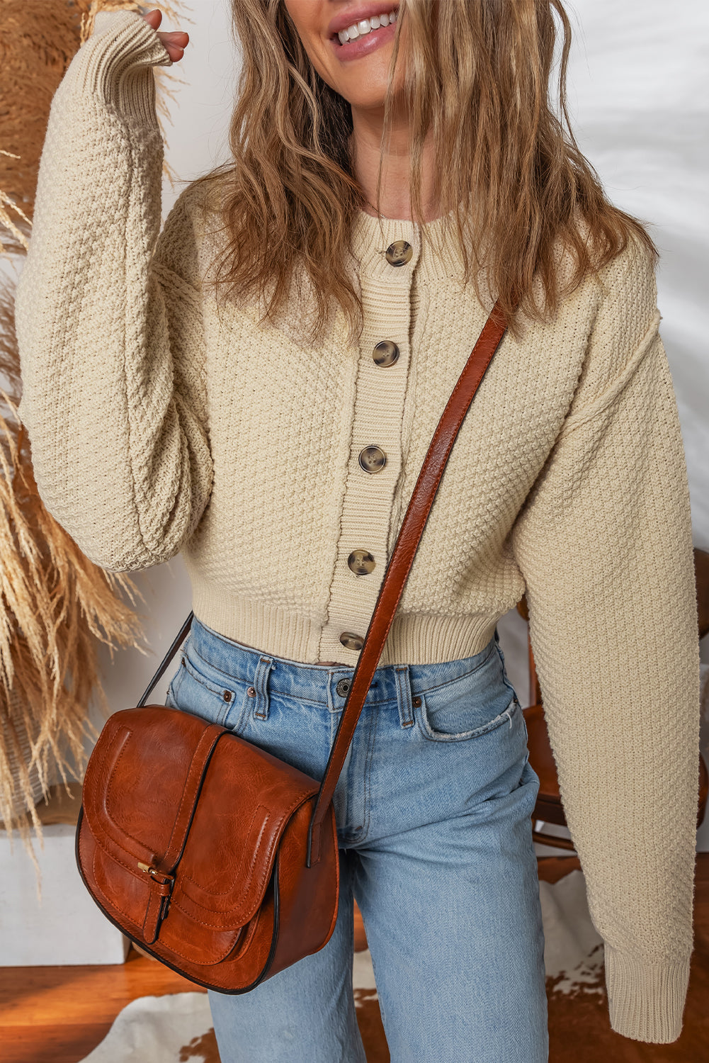 Beige Button Front Cropped Cardigan