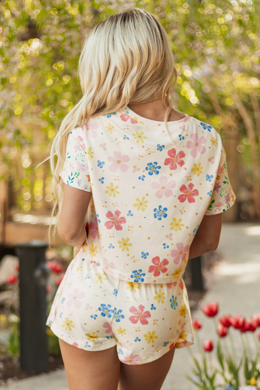 Apricot Floral Print Crop Top Wide Leg Short Set eAura