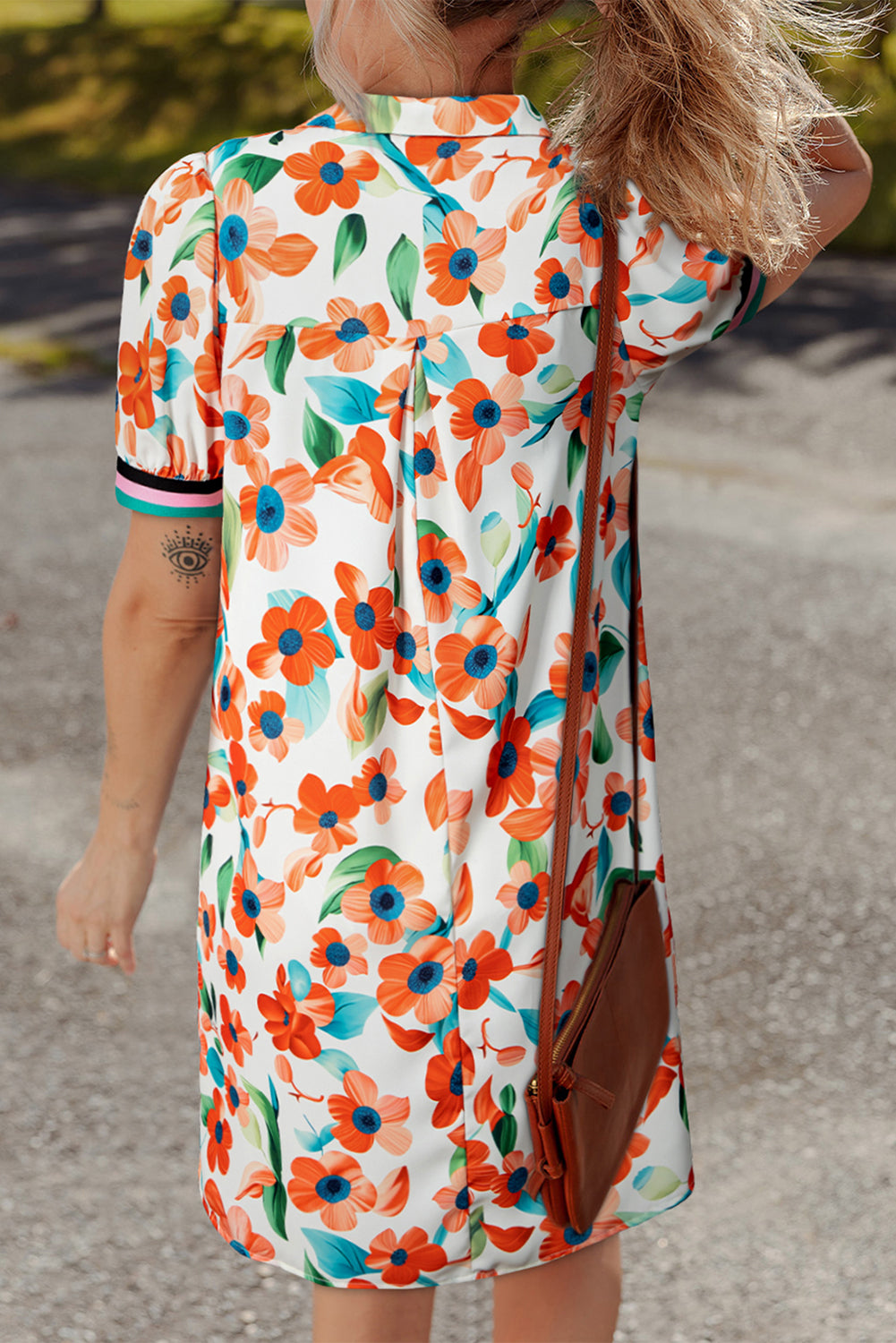 Contrast Trim Floral Split Neck Puff Short Sleeve Tiered Mini Dress eAura