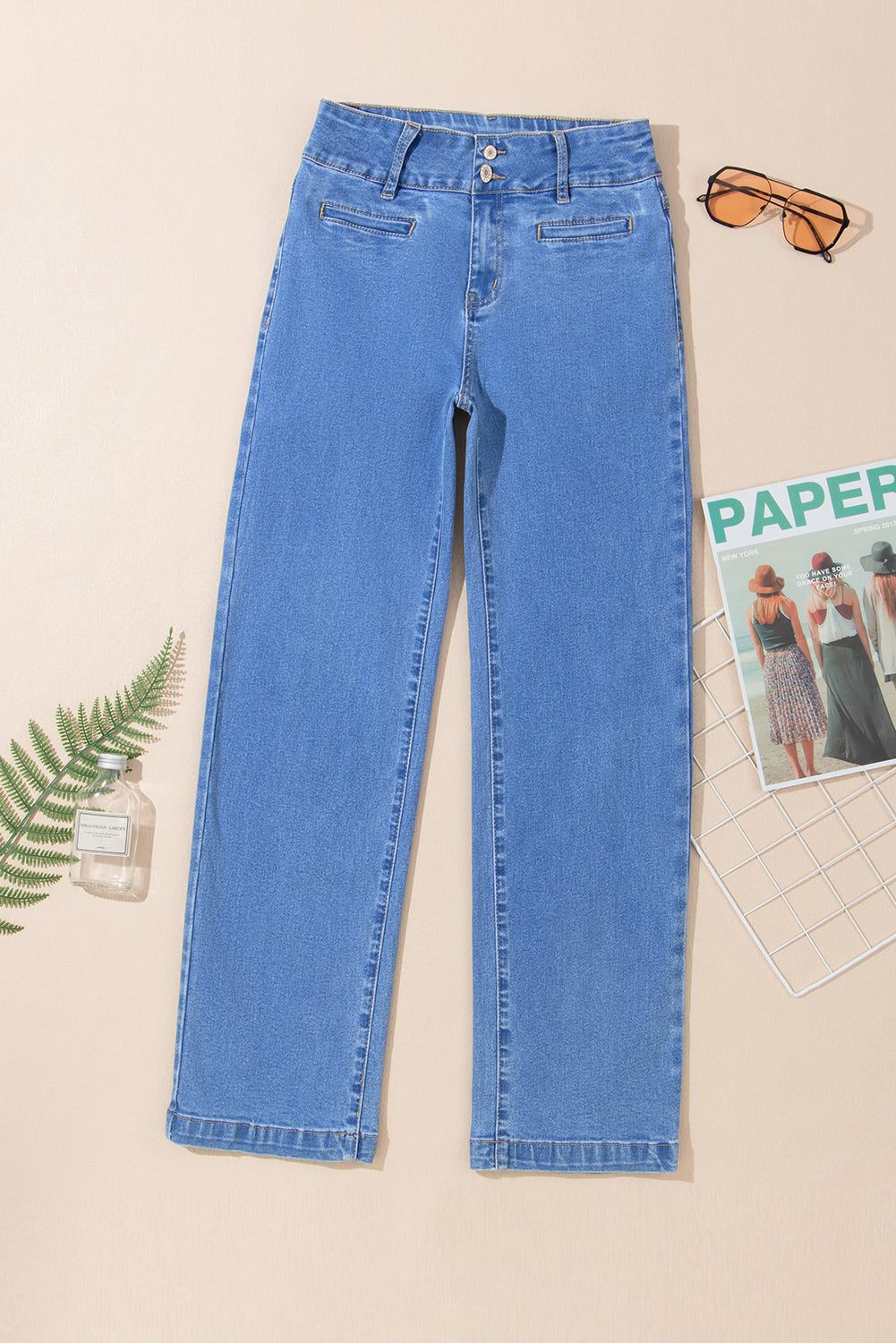Double Button High Rise Straight Leg Jeans - eAura