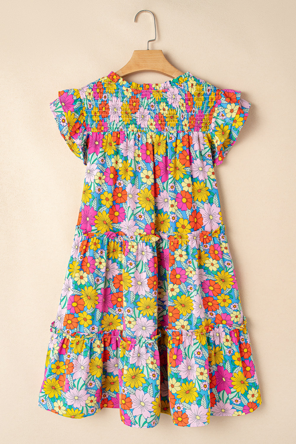 Sky Blue Floral Print Smocked Notch V Neck Flutter Sleeve Mini Dress eAura