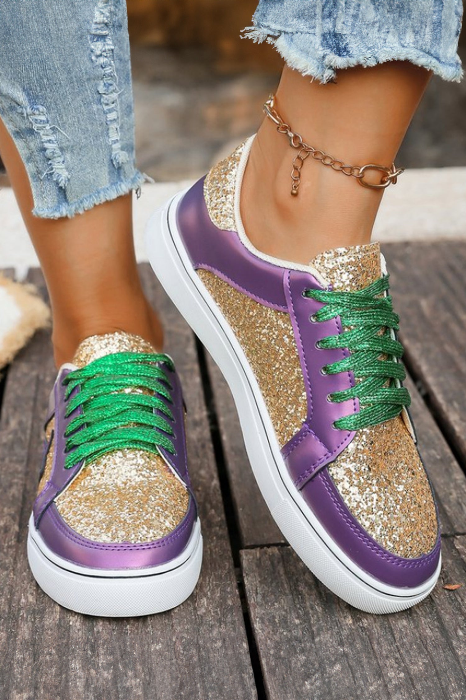 Purple Glitter Star Patchwork PU Leather Lace-up Sneakers - Shoes/trainers