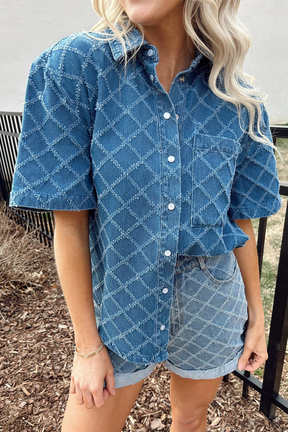 Dusk Blue Checkered Textured Short Sleeve Patched Pocket Denim Shirt eAura