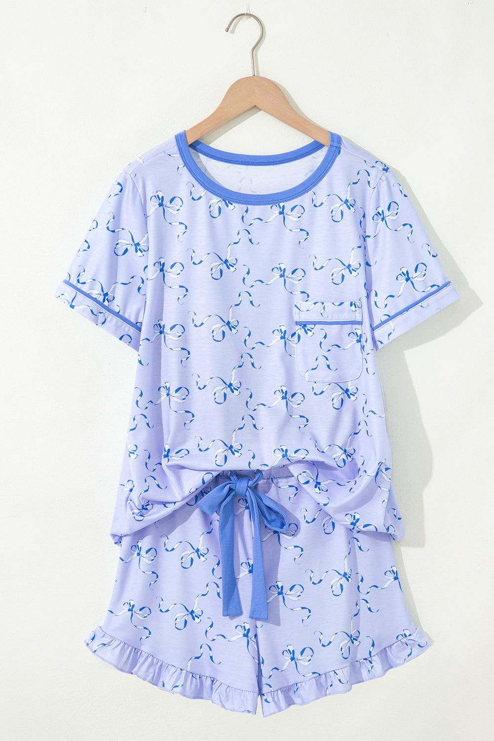Sky Blue Bow Print Ruffled Short Pyjamas eAura