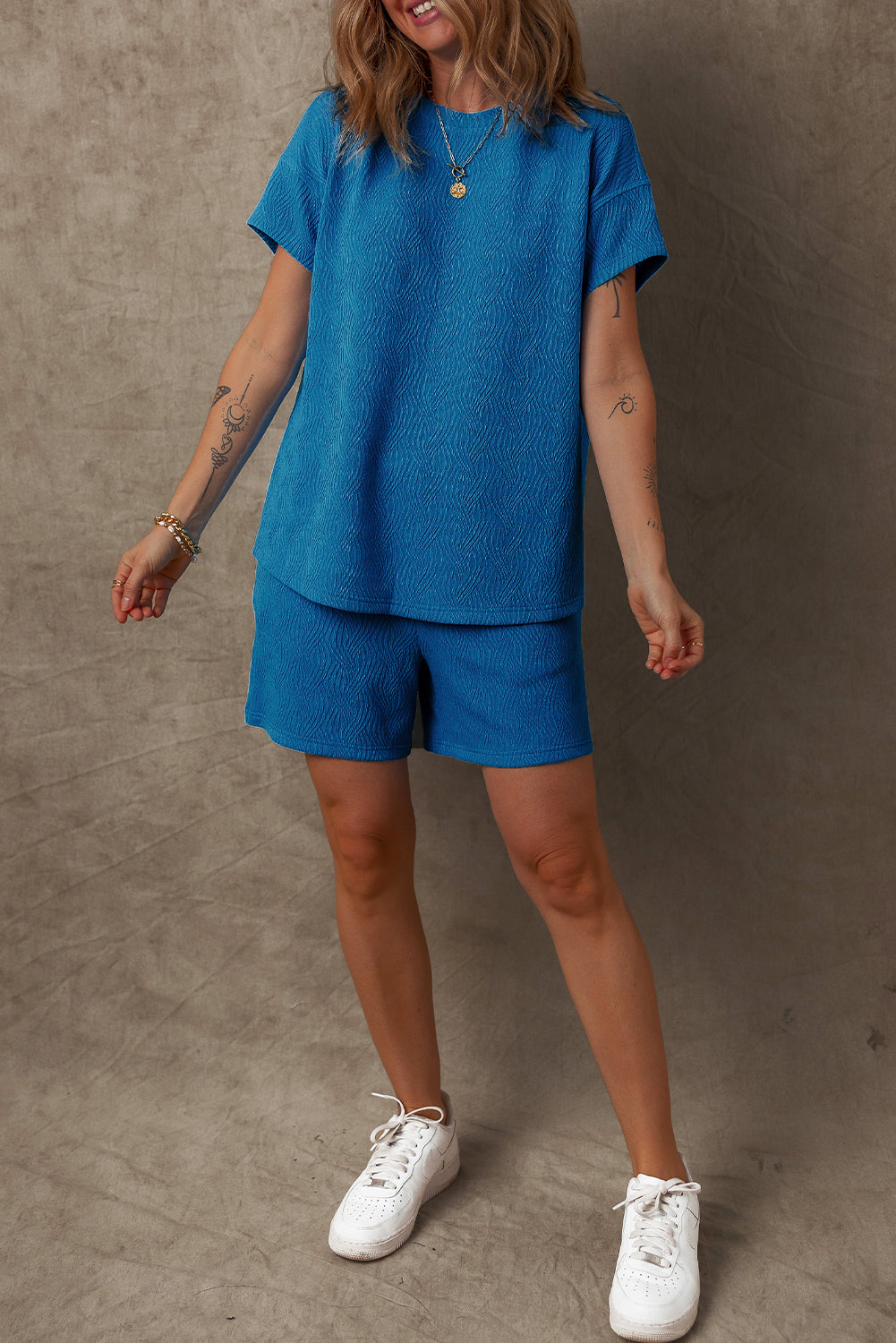 Bluing Solid Textured Crew Neck Short Set Co-ord eAura