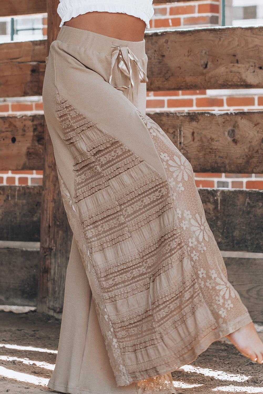 Smoke Gray Boho Lace Patchwork Wide Leg High Waist Trousers - BB Fashion Outlet
