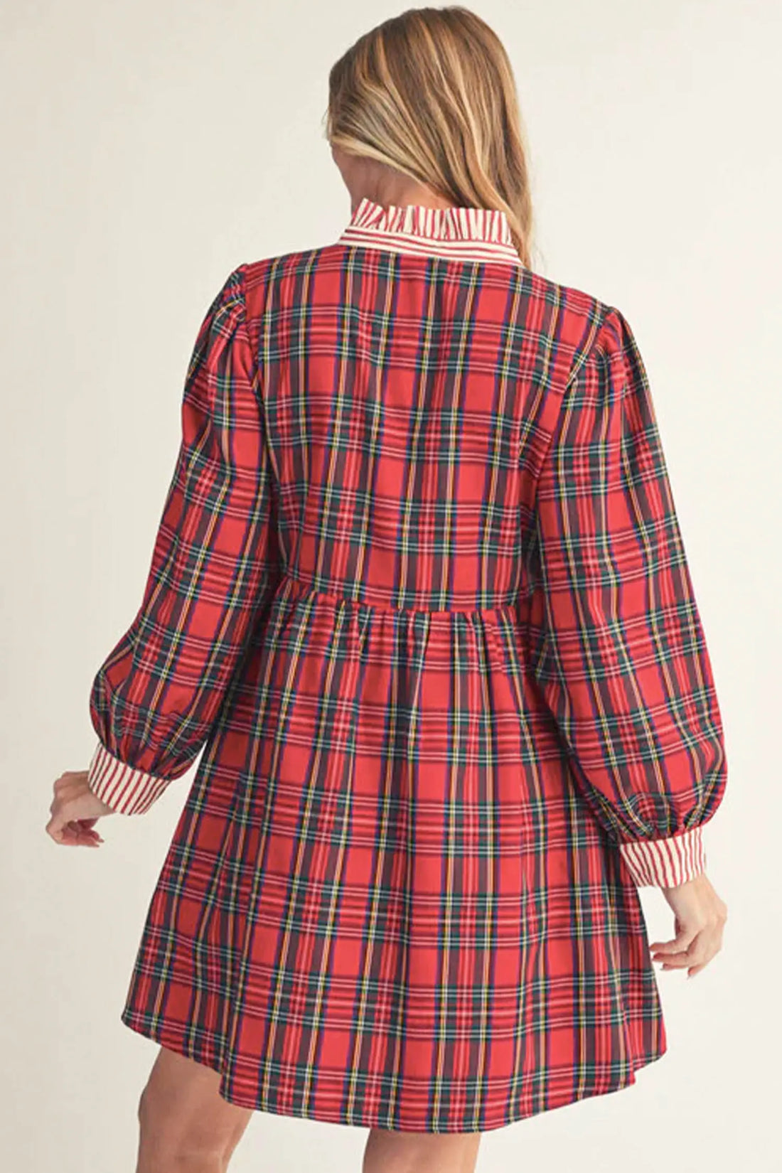 Plaid Striped V Neck Collar Cuff Details Shift Plus Size Dress