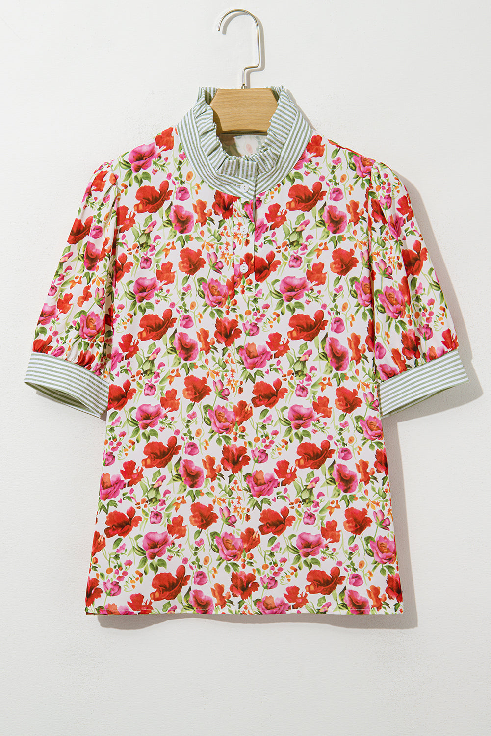 Red Floral Print Striped Patchwork Collared Short Sleeve Blouse eAura