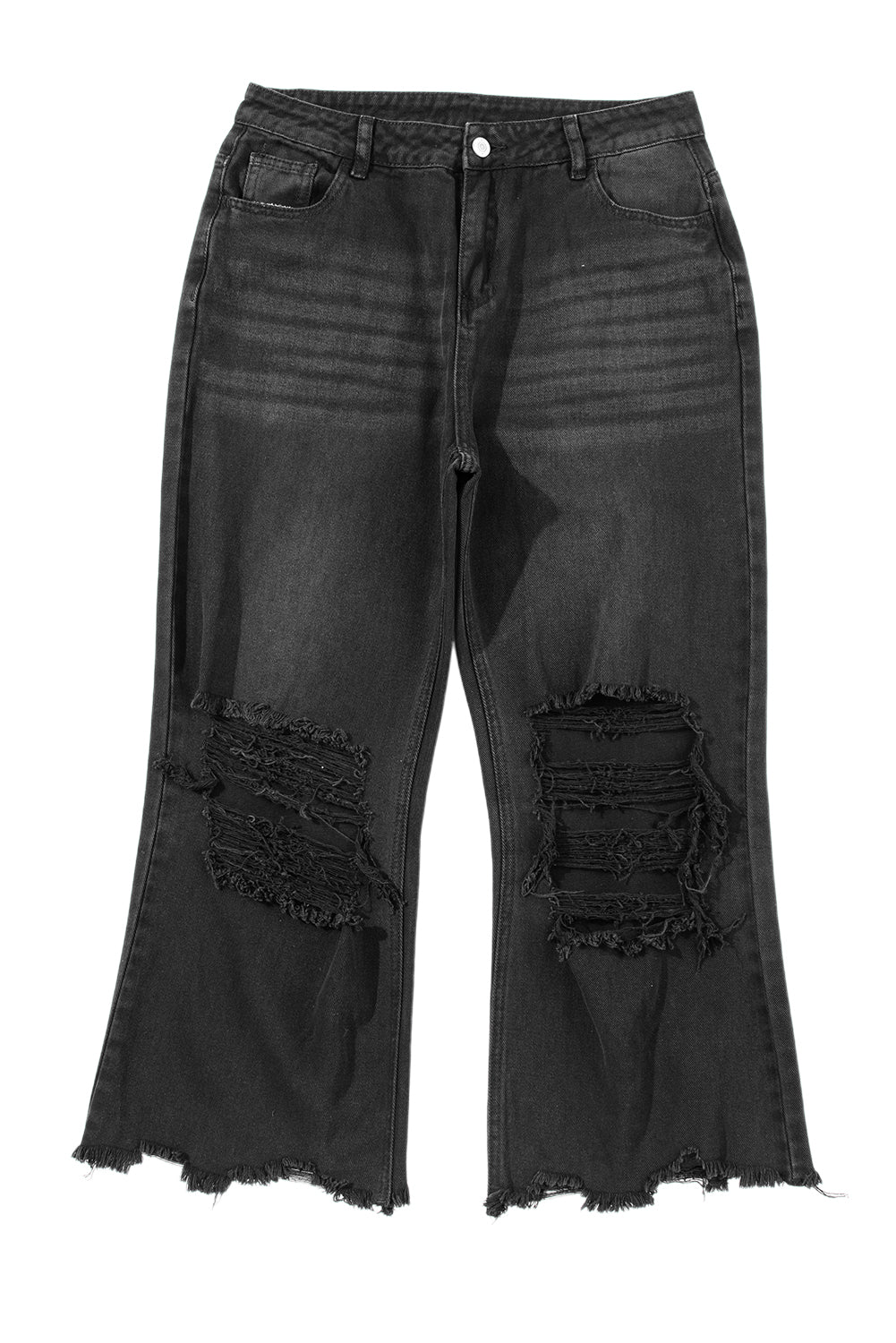 Black Distressed Hollow-out High Waist Cropped Flare Jeans Beagle Boutique Fashion Outlet