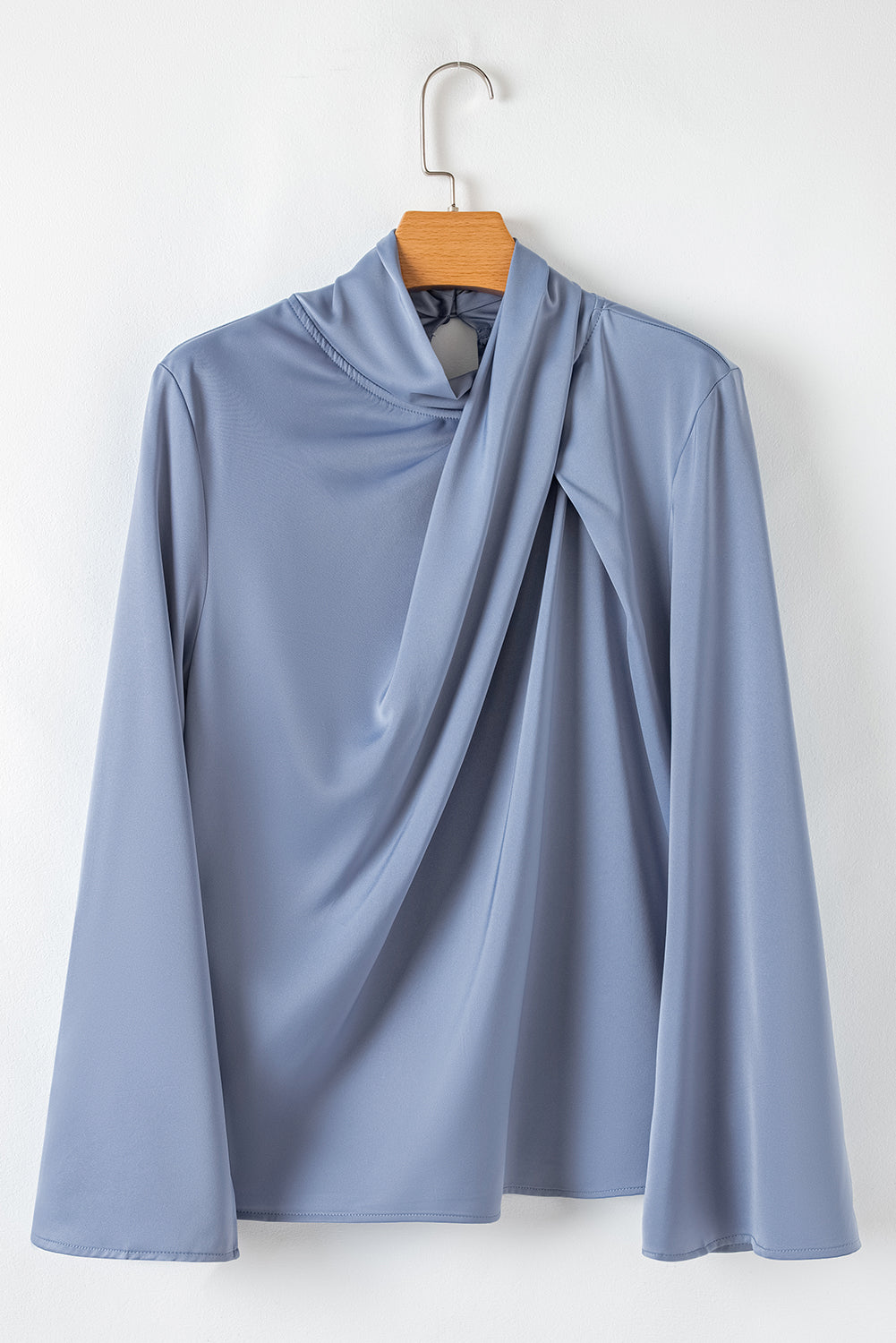 Ivy Asymmetric Pleated Turtleneck Bell Sleeve Blouse eAura