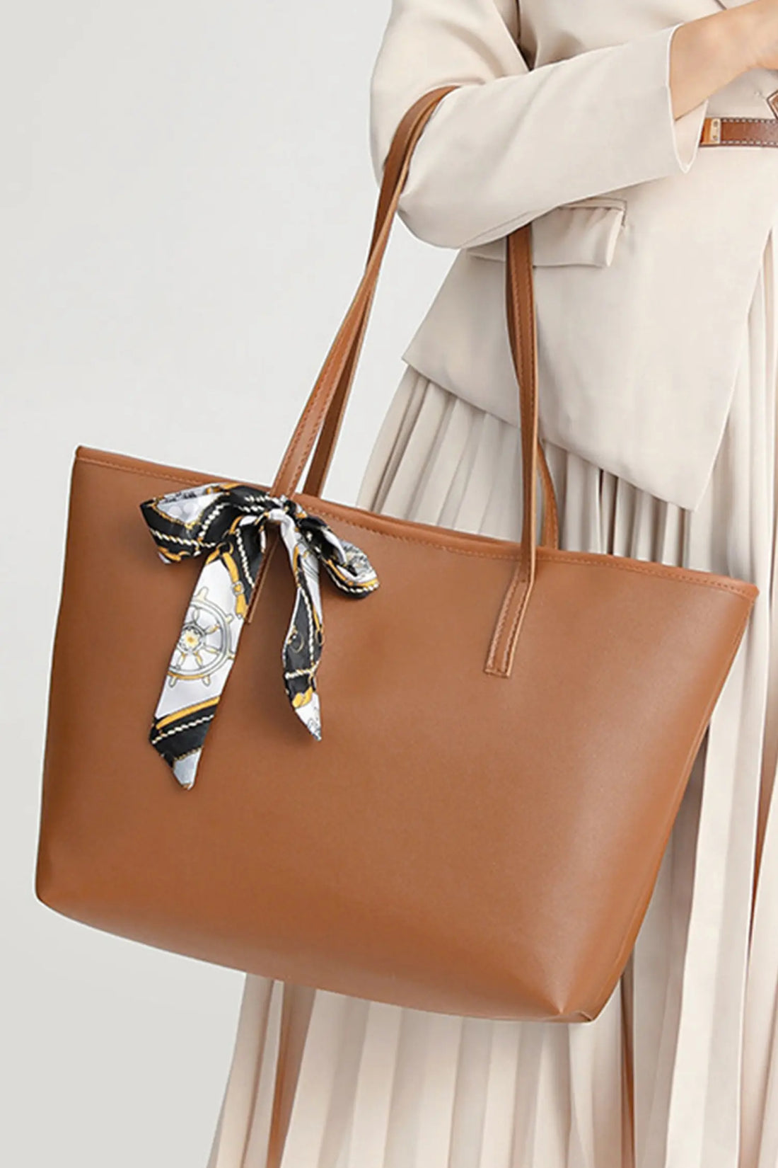 Large Capacity PU Leather Shoulder Bag with Ribbon Detail