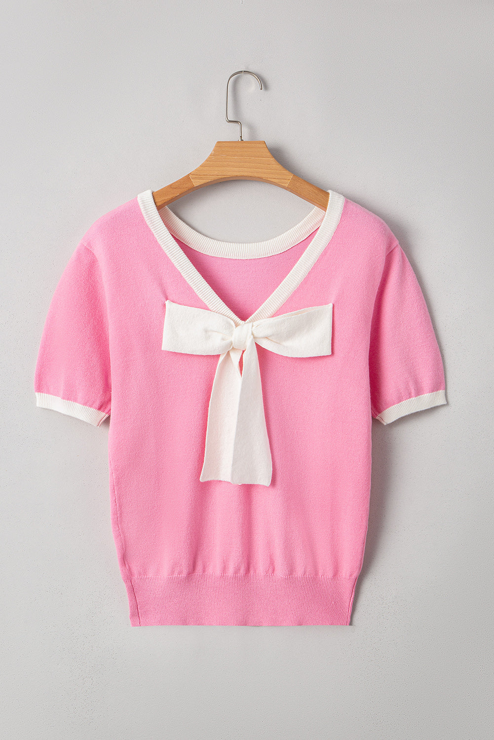 Colourblock Bow V-Shape Cut Back Short Sleeve Sweater eAura