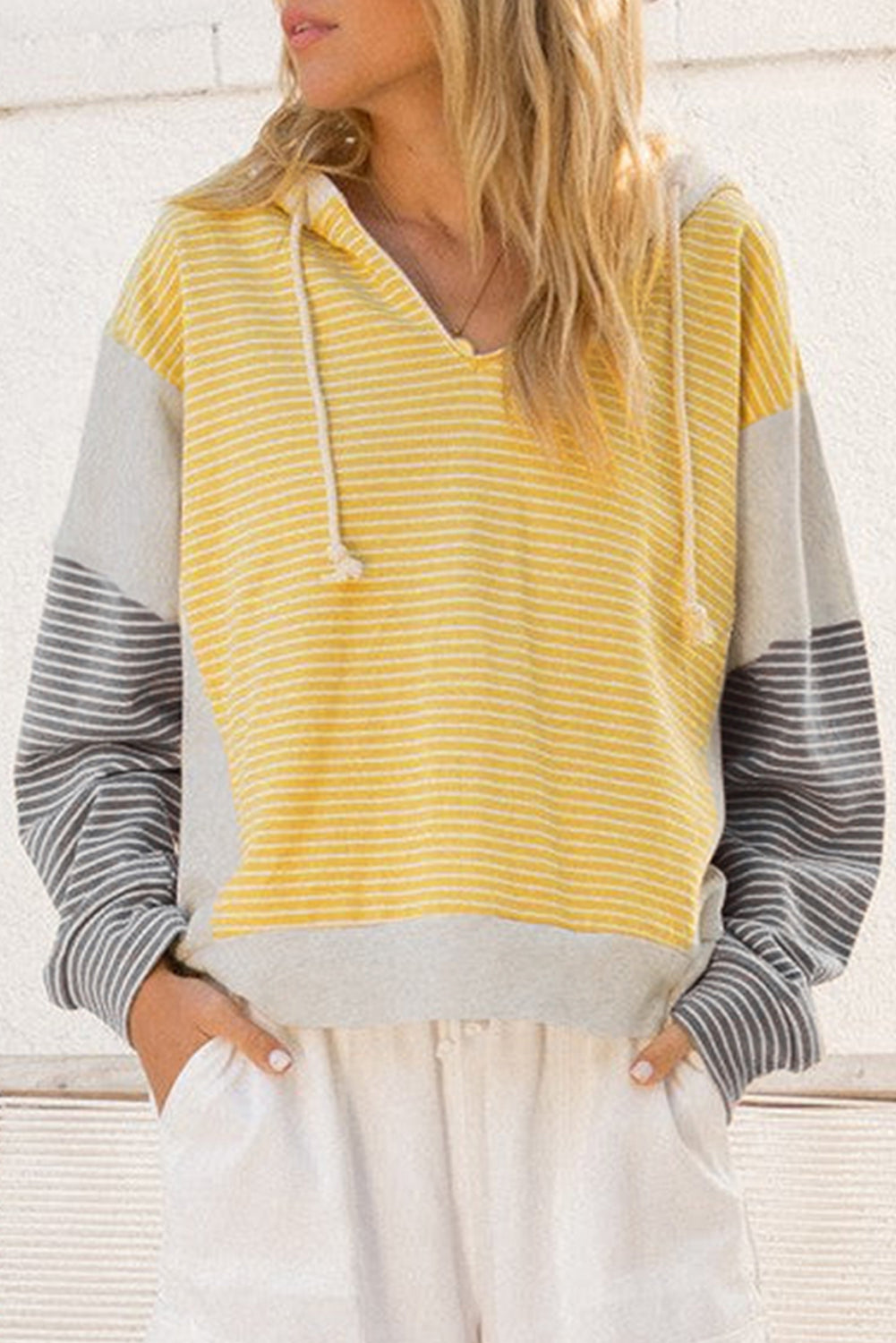 Yellow Stripe Drawstring V-Neck Loose Fit Hooded Top - eAura
