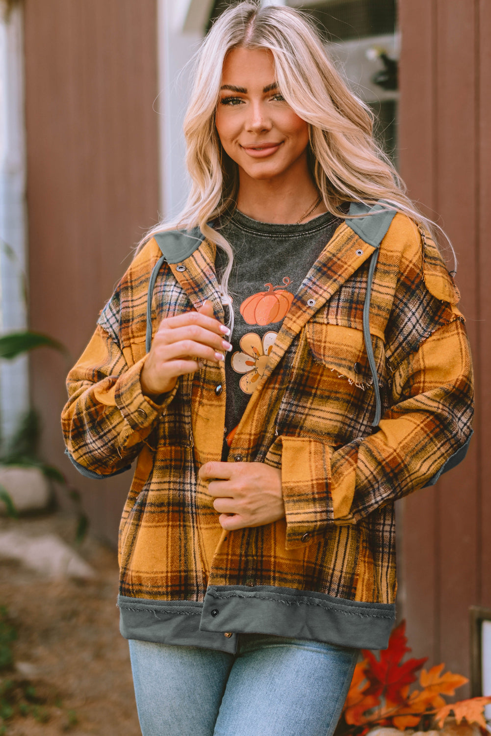 Orange Plaid Patch Hooded Frayed Snap Button Jacket eAura