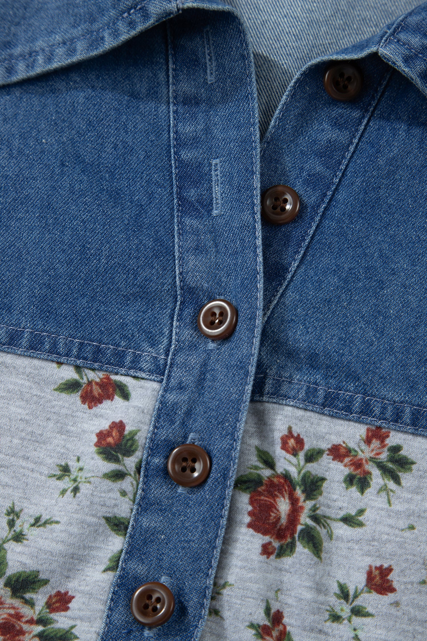 Retro Floral Print Denim Patchwork Plus Size Polo Tee