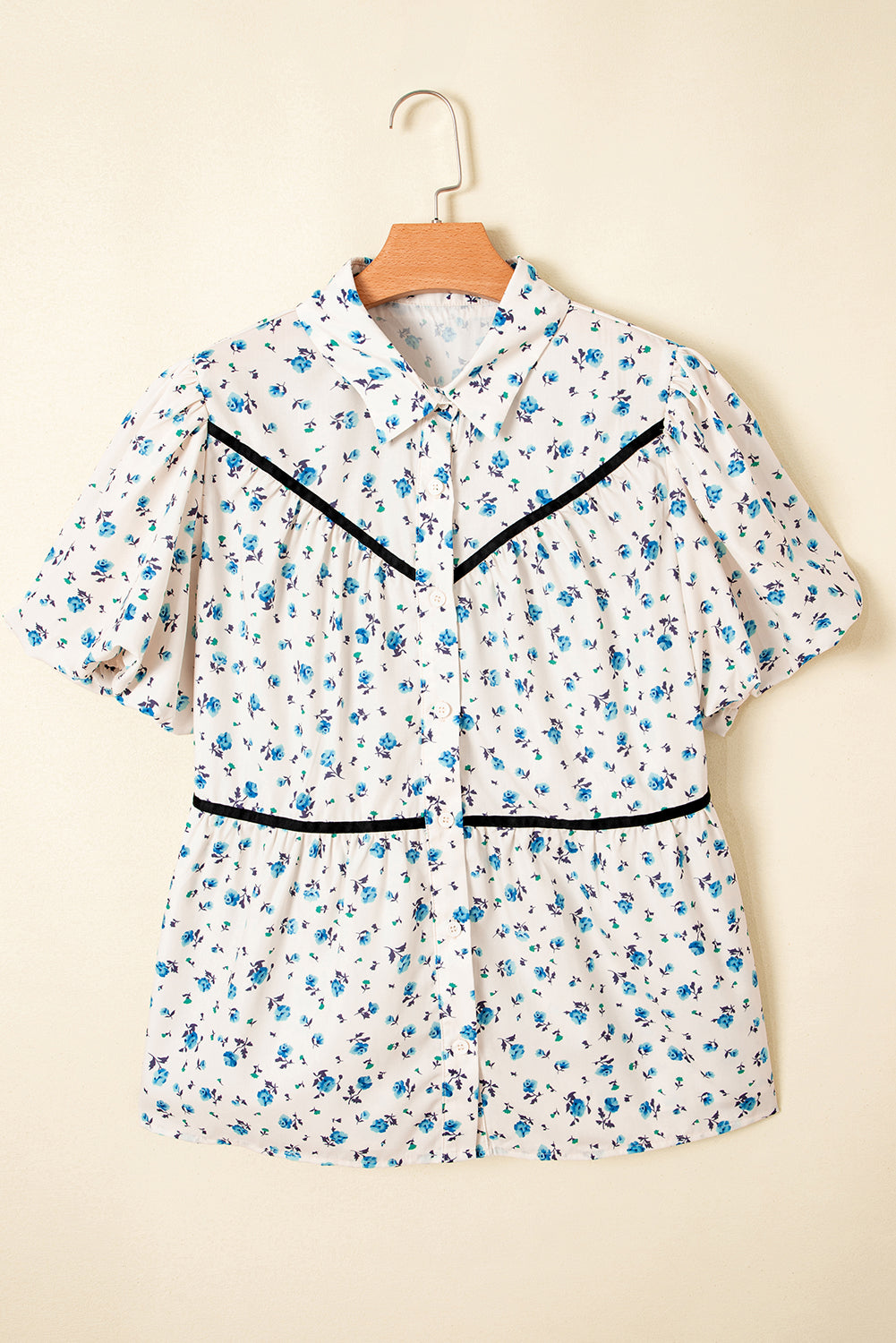 White Contrast Trim Floral Puff Short Sleeve Shirt BB Fashion Outlet