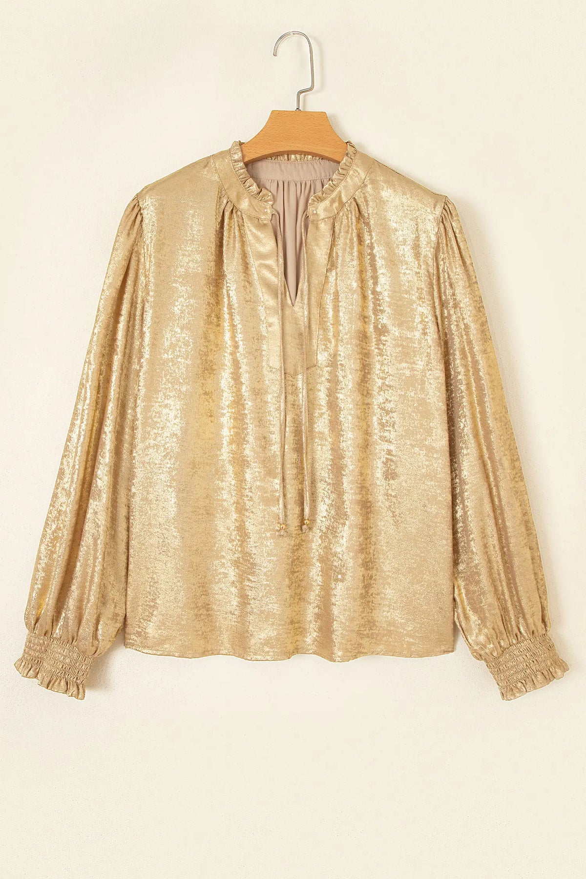 Metallic Sheen V Neck Gathered Cuff Long Sleeve Blouse – Gold