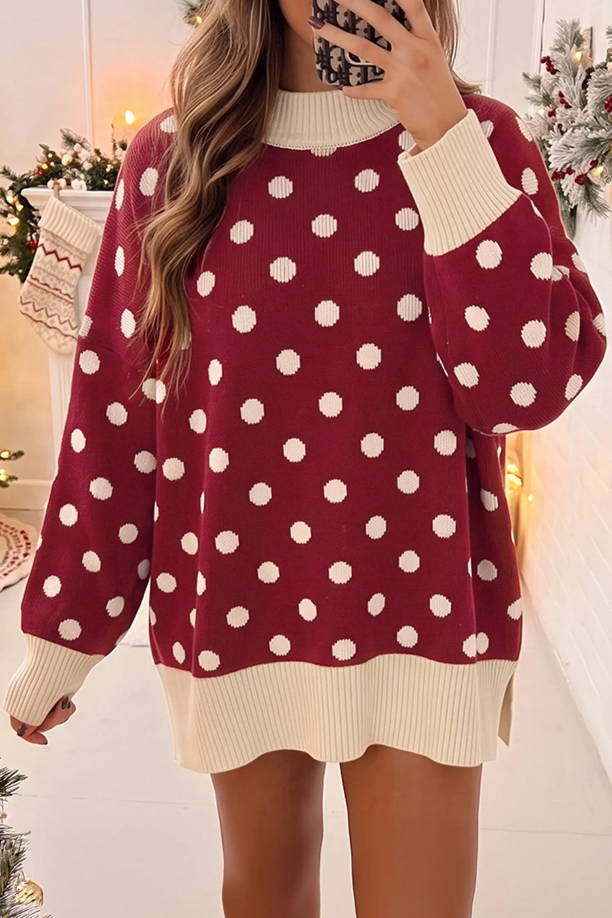 Split tunic sweater with polka dot pattern
