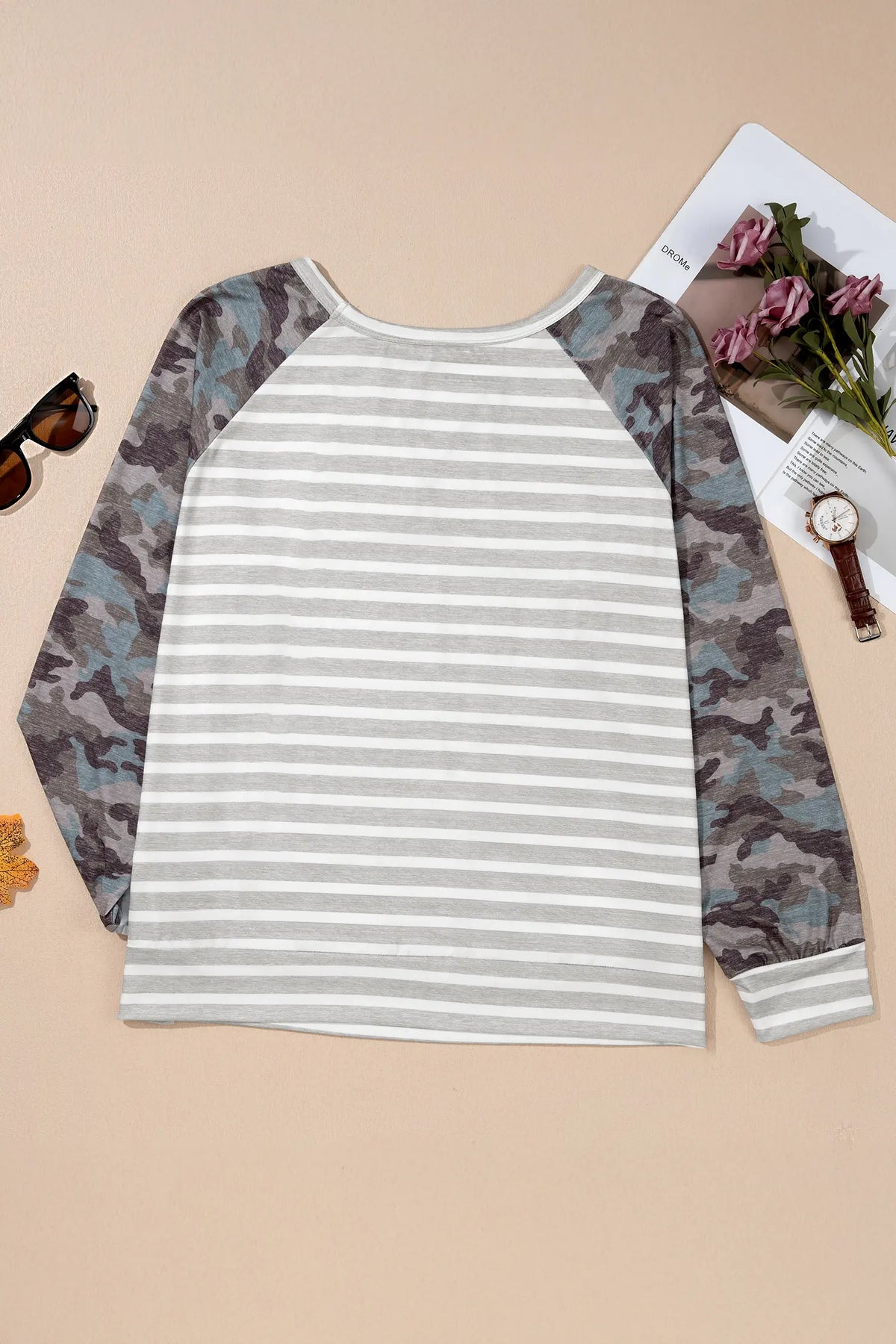 Camo Sleeve Striped Colourblock Round Neck Long Sleeve Plus Size Blouse – Grey Stripe