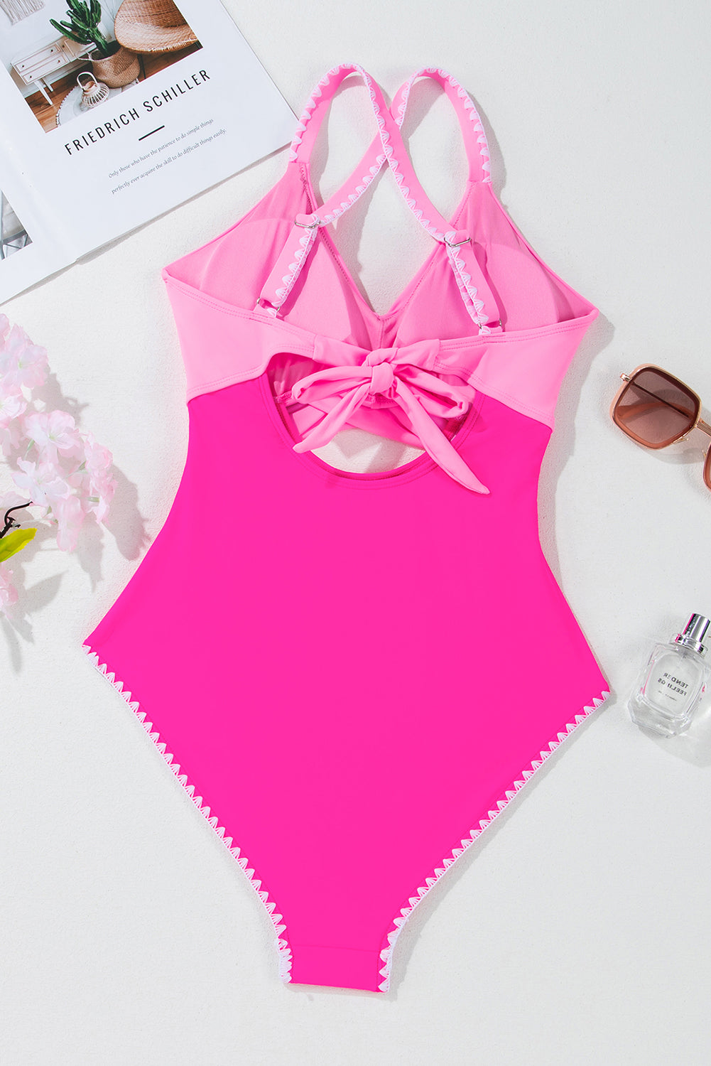 Rose Red Ric Rac Trim Contrasted Patchwork Cutout One Piece Swimsuit eAura