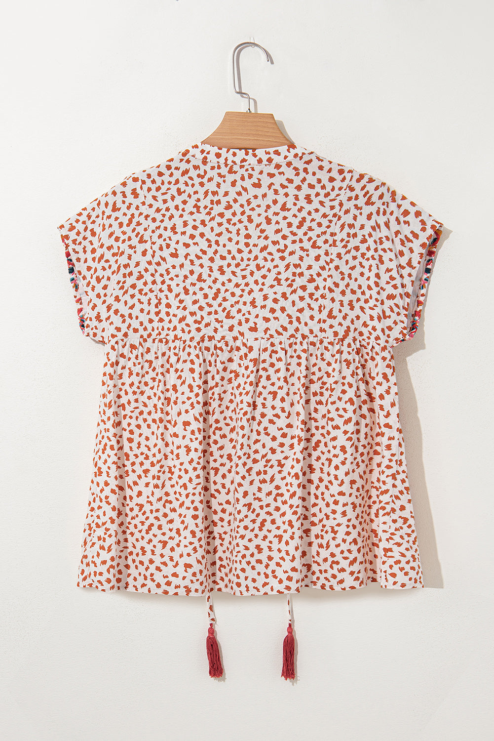 Red Printed Embroidery Detail Tie Split Neck Blouse eAura