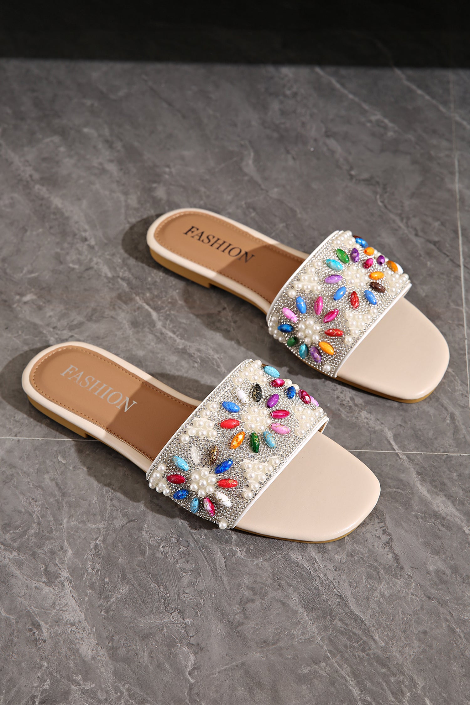Rhinestone & Pearl Square Toe Beach Slippers – White