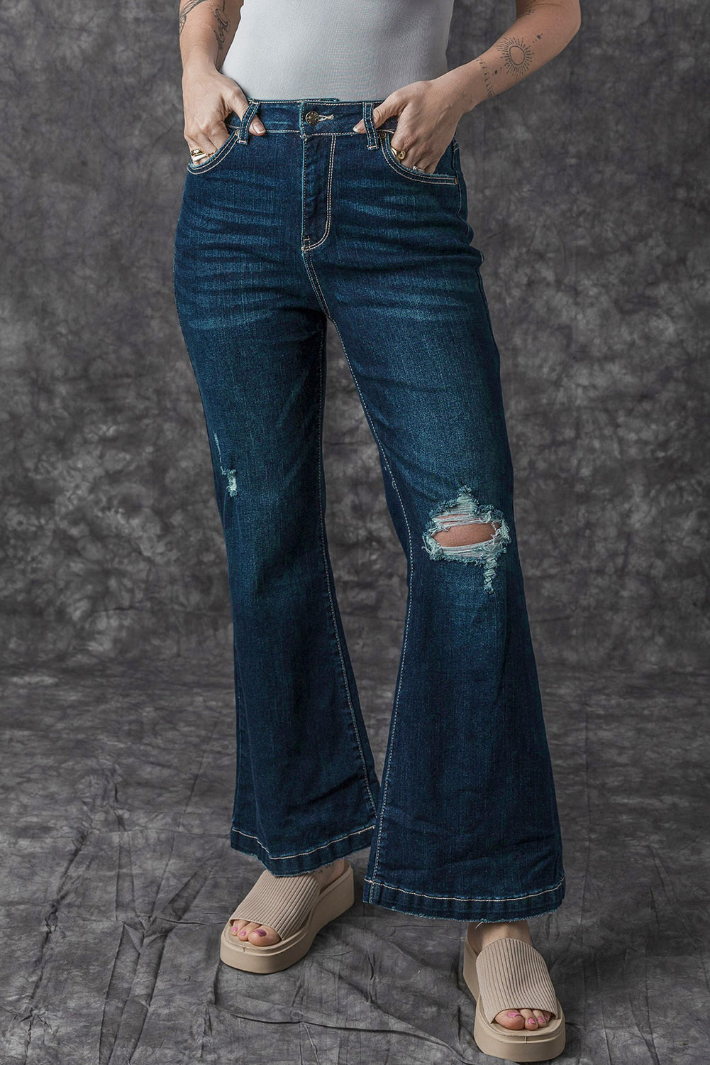 Real Teal High Rise Ripped Bell Bottom Jeans Beagle Boutique Fashion Outlet