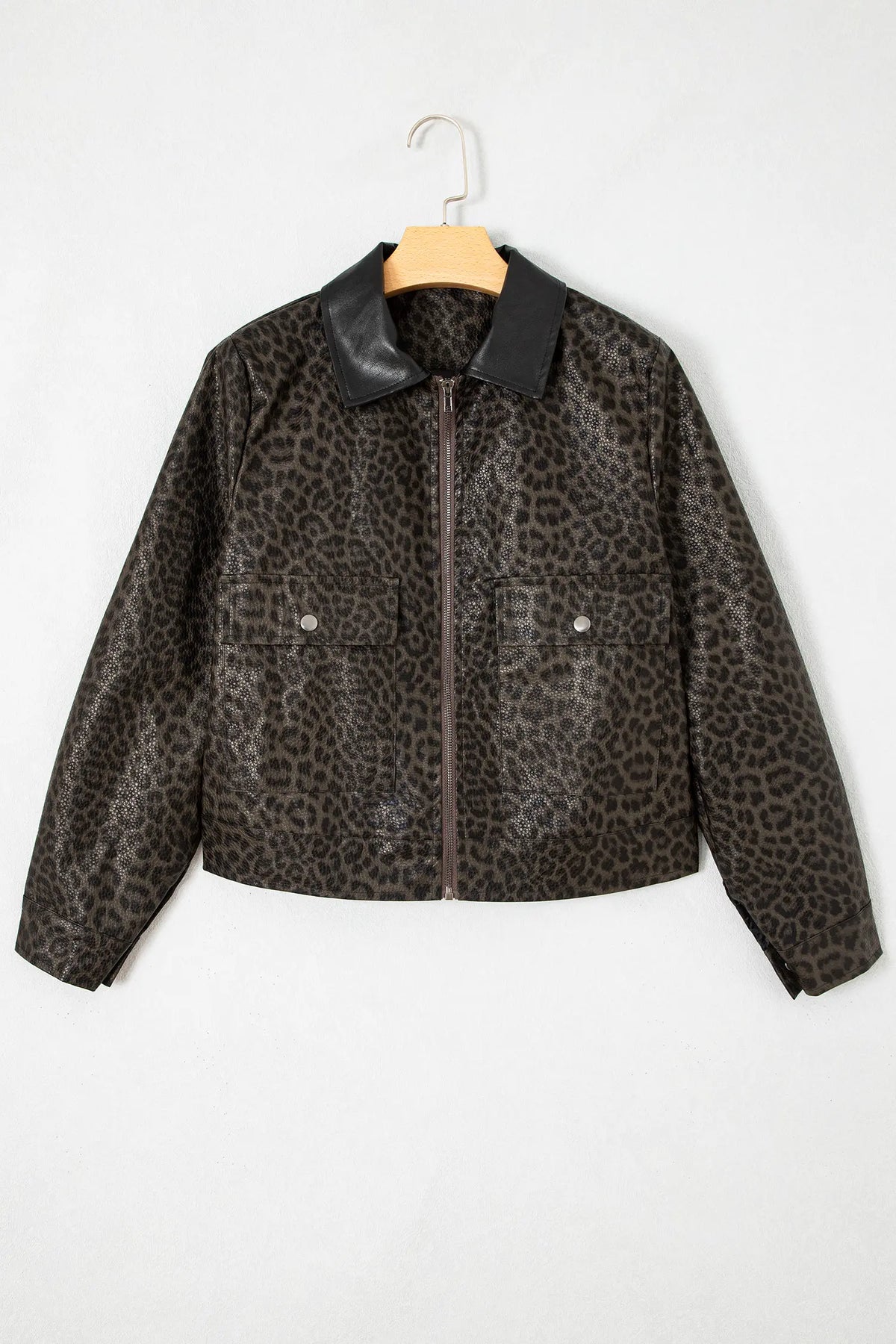 Leopard Print Colourblock Collar Metal Placket Jacket – Multicolour
