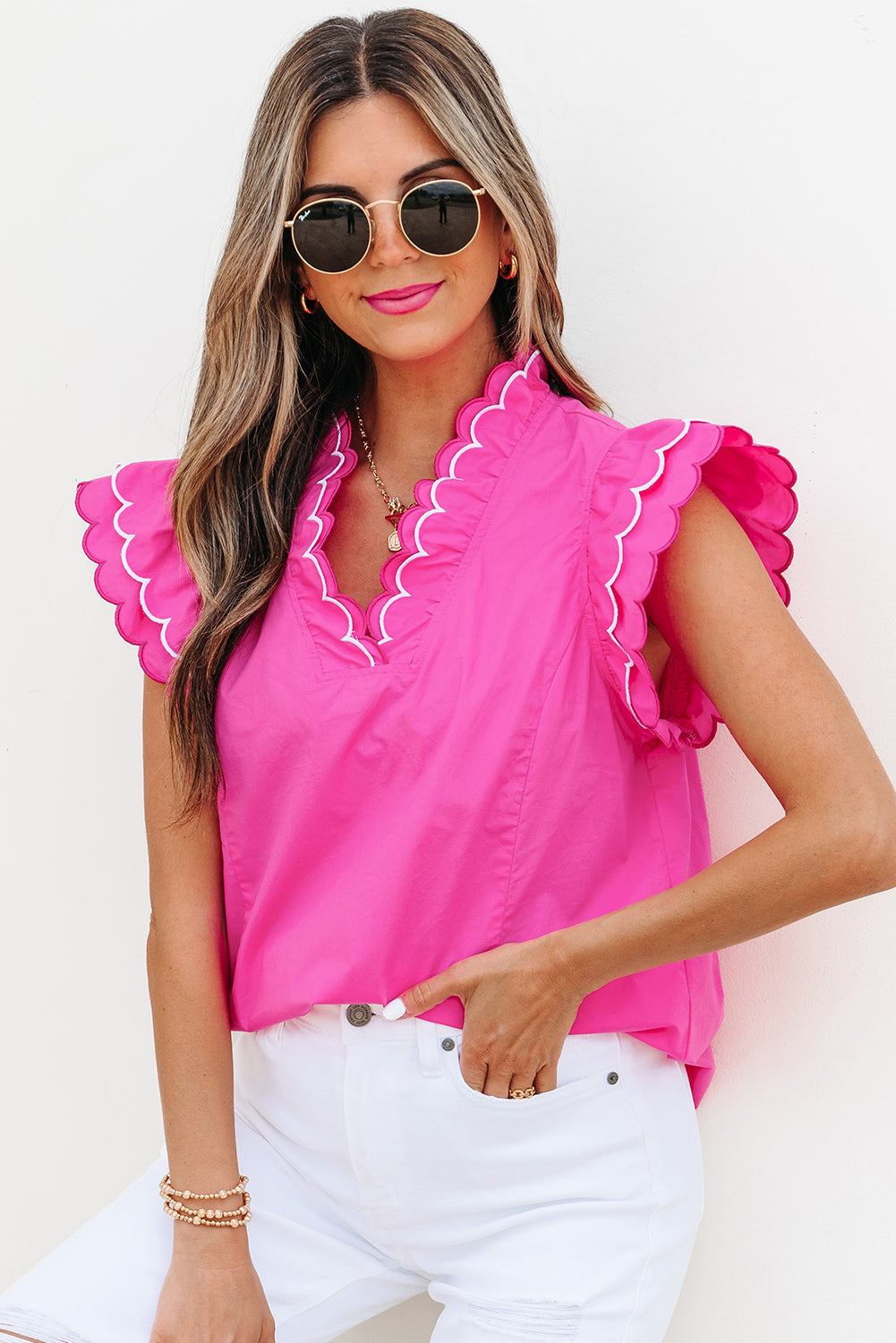 Bright Pink Scallop Trim Short Sleeve V Neck Top eAura