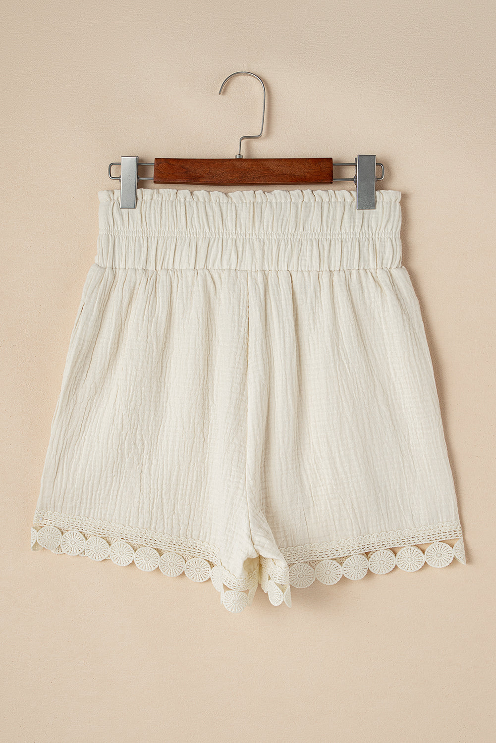 Apricot Textured Frilled Knotted High Waist Lace Hem Shorts eAura