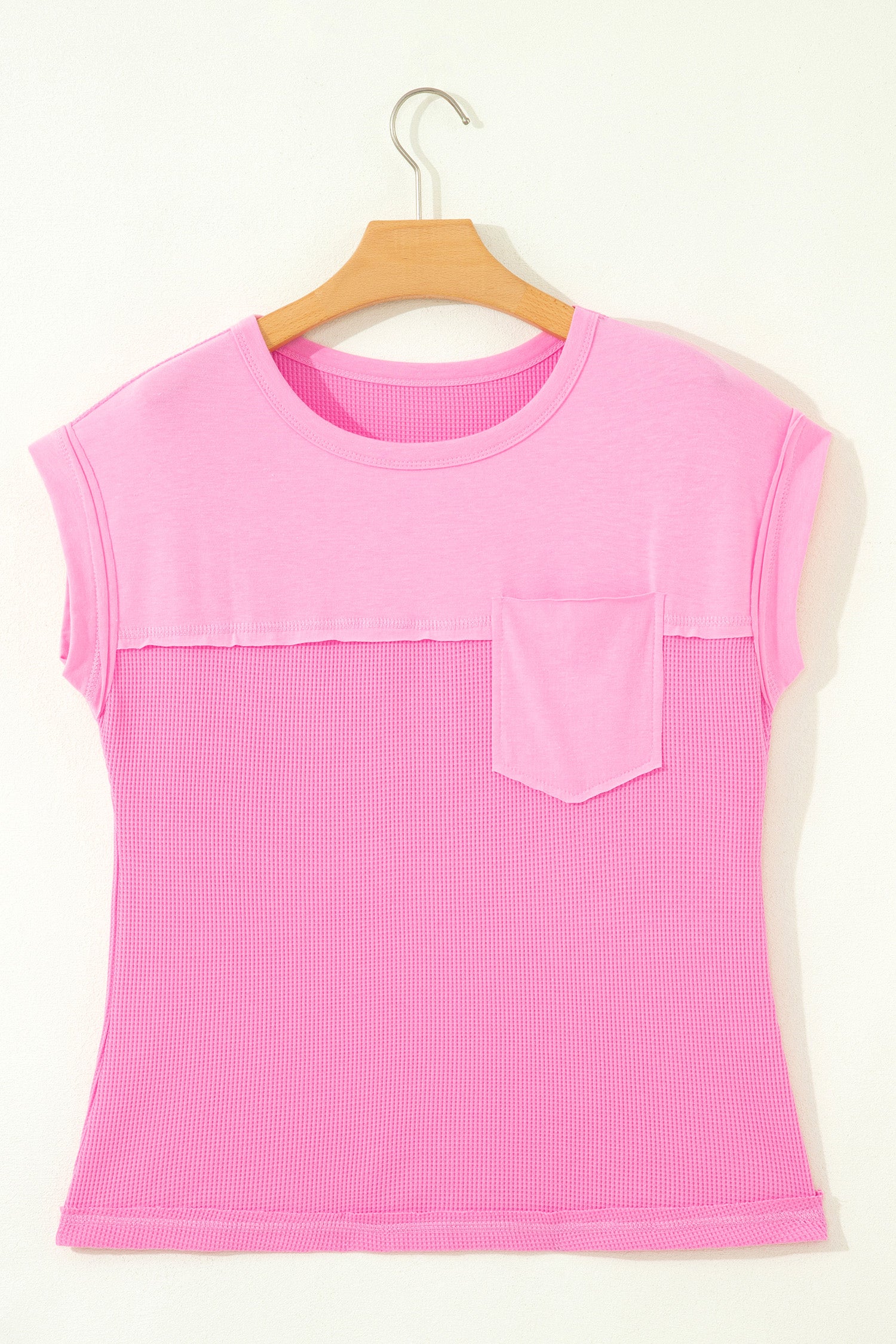 Raw Seam Waffle Knit Patchwork Casual T-Shirt