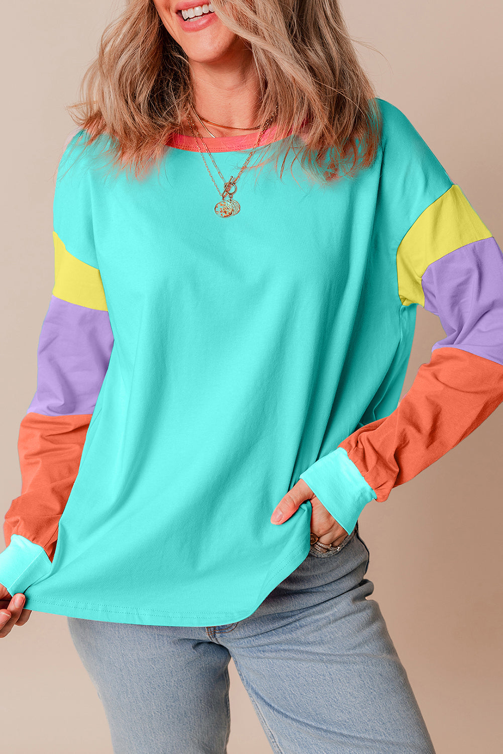 Dark Blue Colourblock Patchwork Long Sleeve Loose Top eAura