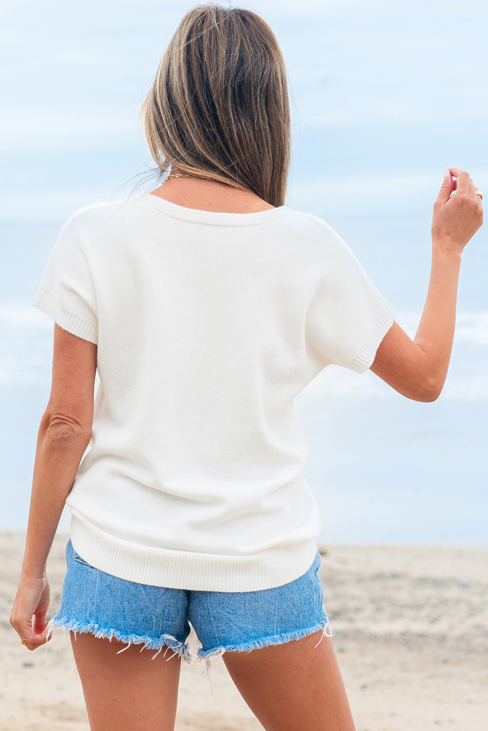 Bow Pattern Knit Short Sleeve White Sweater eAura