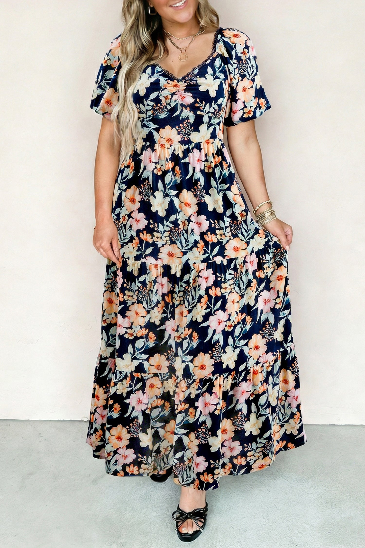 Short Sleeve Smocked Detail High Waist Floral Maxi Dress