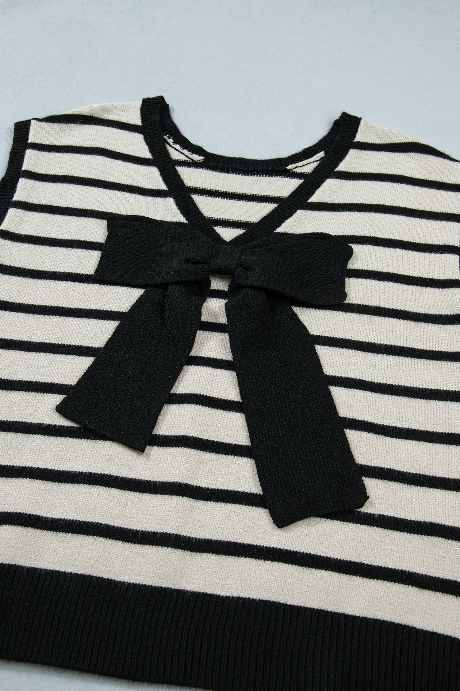 Stripe Bow Appliqué Short Sleeve Sweater