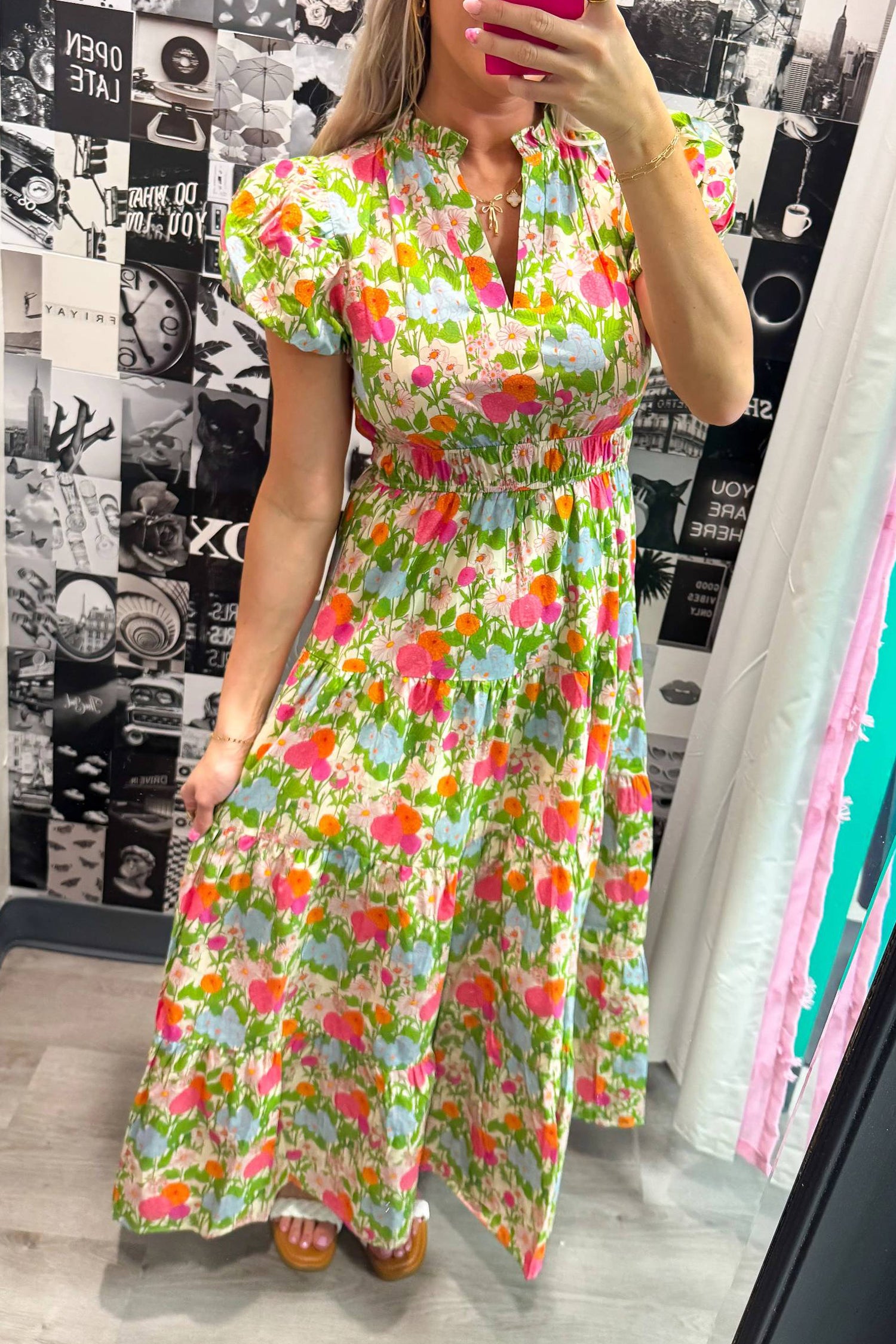 Floral Print V-Neck Short Puff Sleeve Maxi Dress