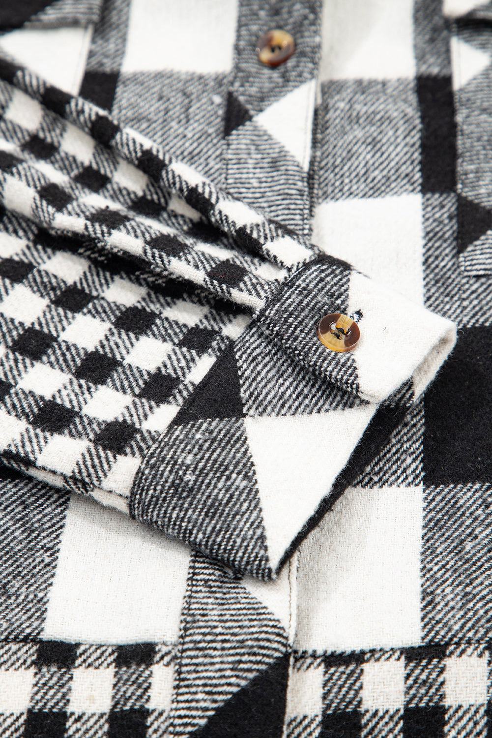 Black Double Plaid Patchwork Drawstring Hooded Shacket eAura