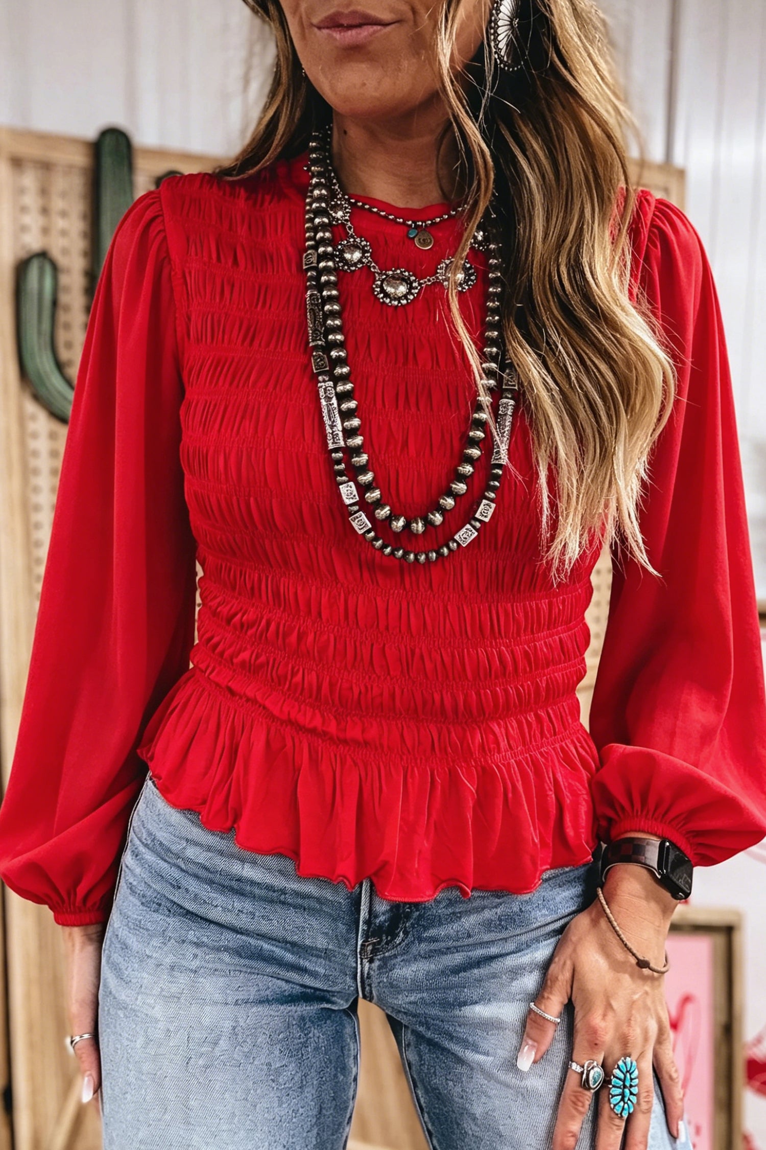 Solid Color Smocked Ruffle Hem Long Sleeve Blouse – Bright Green