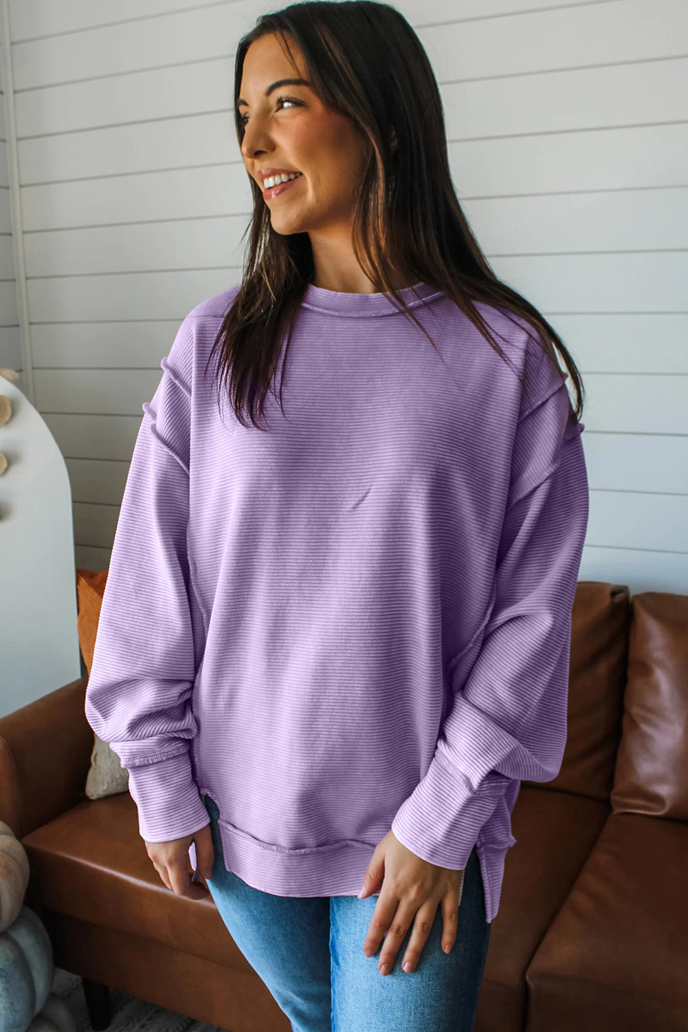 Horizontal Ribbed Exposed Seam Detail Drop Shoulder Baggy Pullover - Tops/Long Sleeve Tops