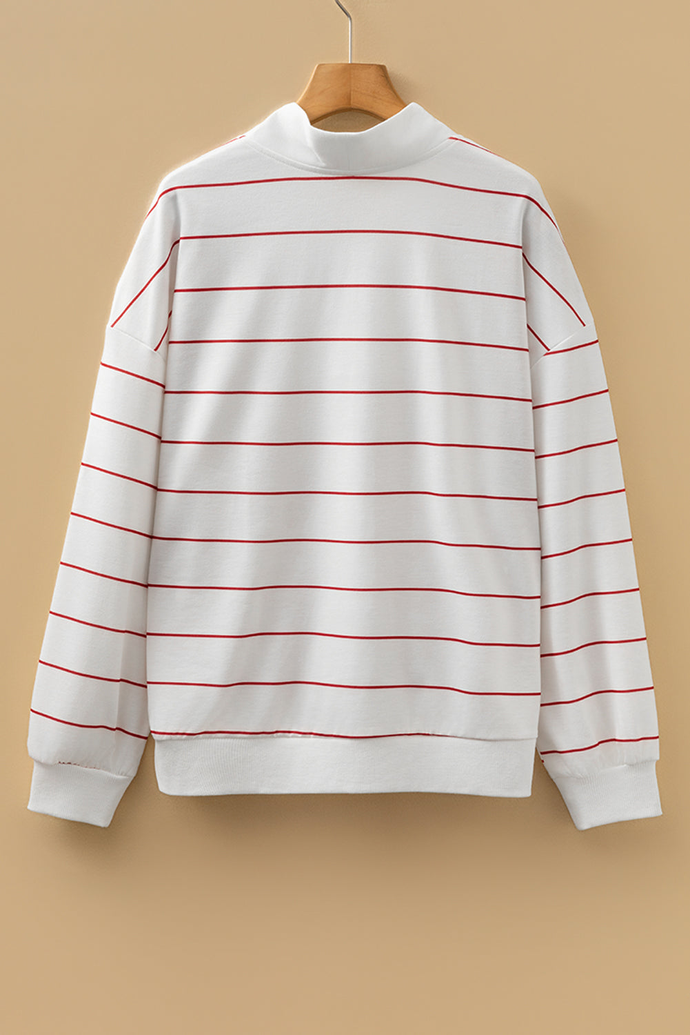 Zip V-Neck Stripe Print Drop Shoulder Long Sleeve Top - eAura