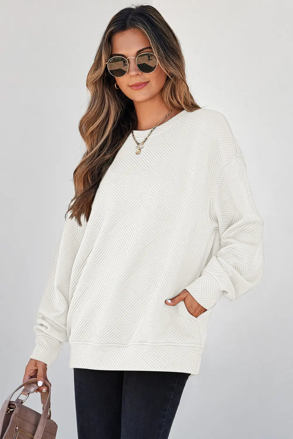 Jungle Solid Colour Textured Round Neck Drop Shoulder Pullover Sweatshirt – Green
