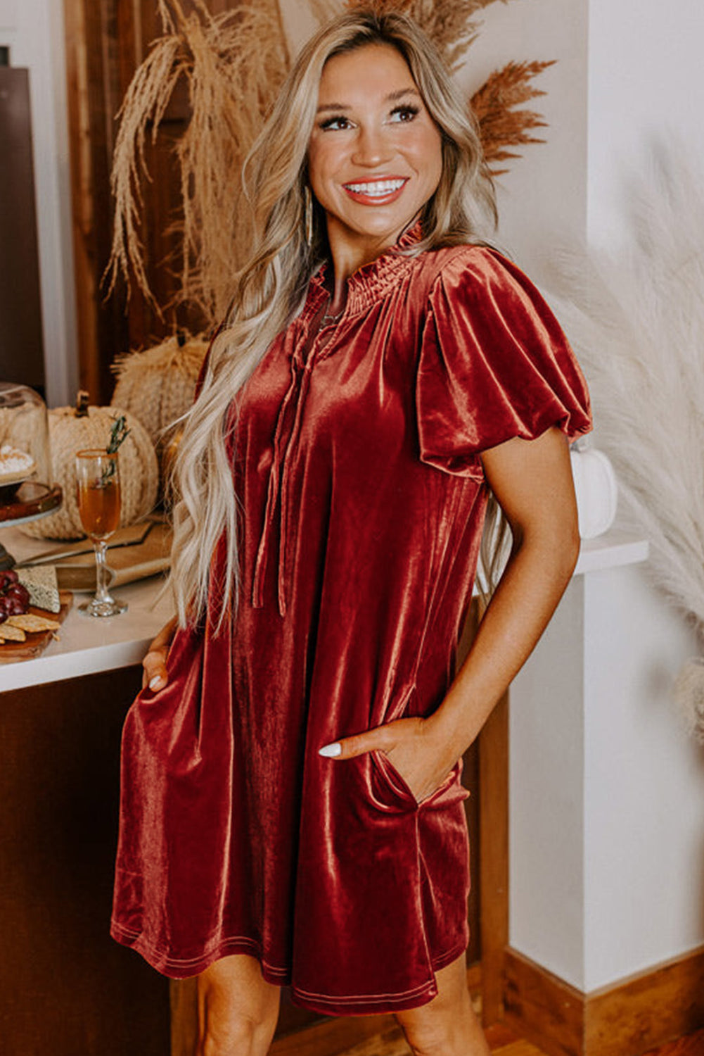 Cinnamon Velvet Smocked Neckline Puff Sleeve Shift Mini Dress eAura