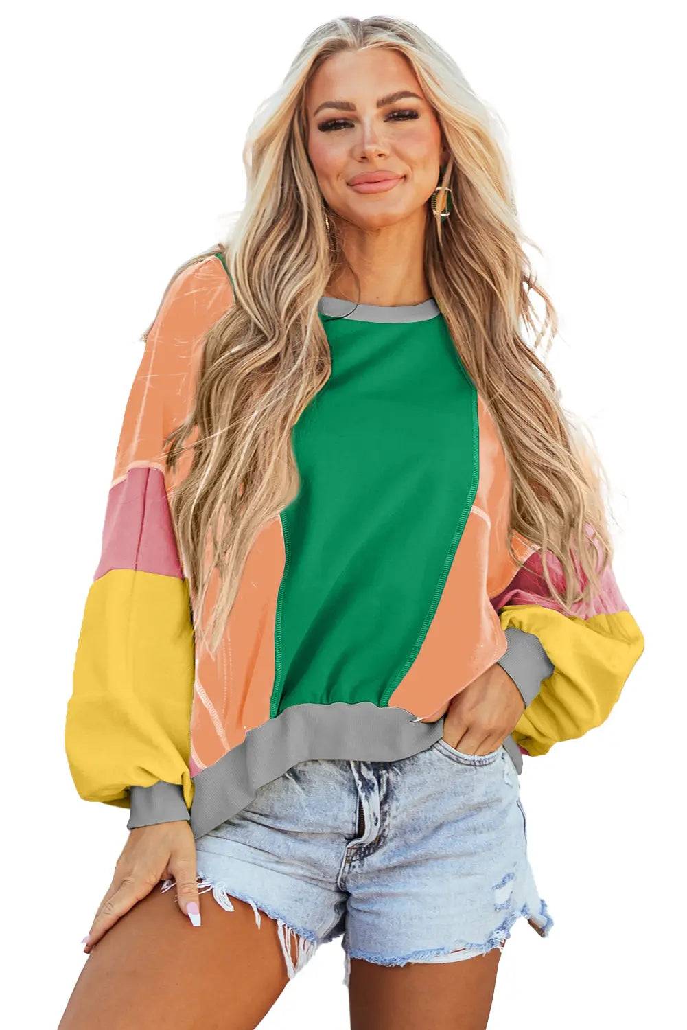 Grapefruit Orange Colourblock Patchwork Exposed Stitching Oversize Top - Sweaters & Cardigans/Sweaters