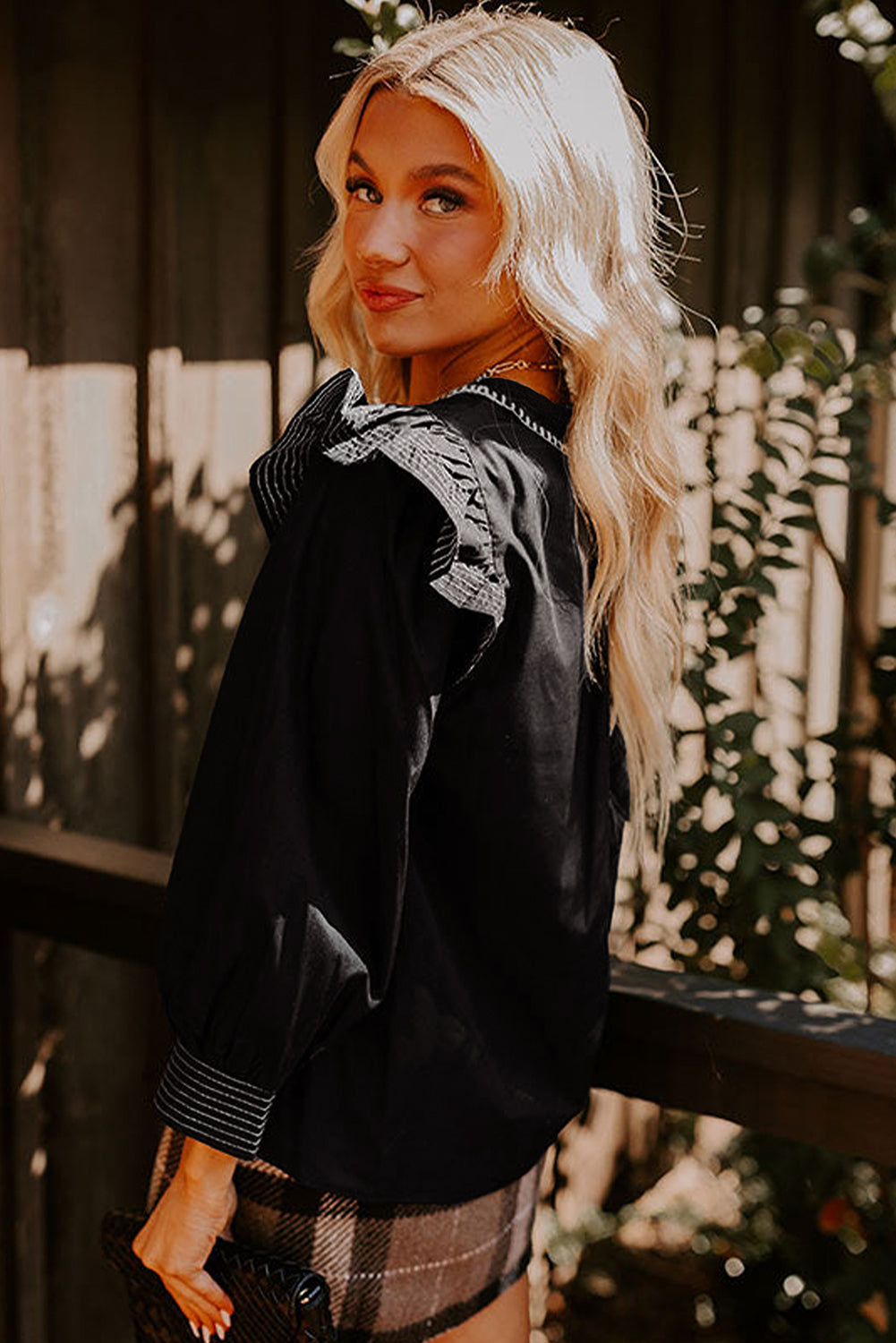Black Contrast Stitched Detail V Neck Ruffle Long Sleeve Blouse eAura