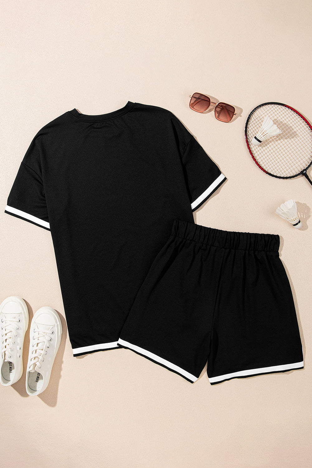 Black Contrast Trim Tee and Shorts Set Co-ord eAura